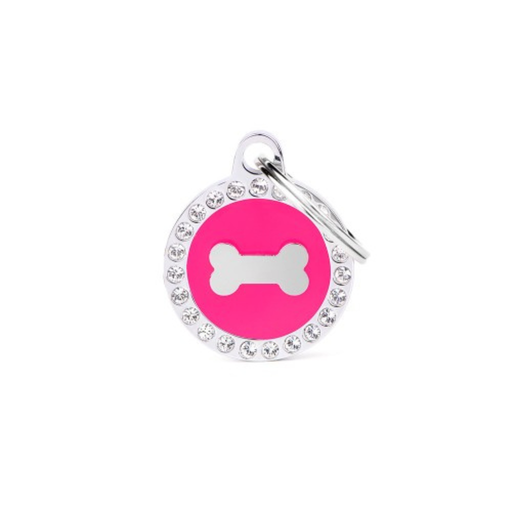 My Family Engravable Tags - Glam - Fuchsia Circle Bone with Rhinestones