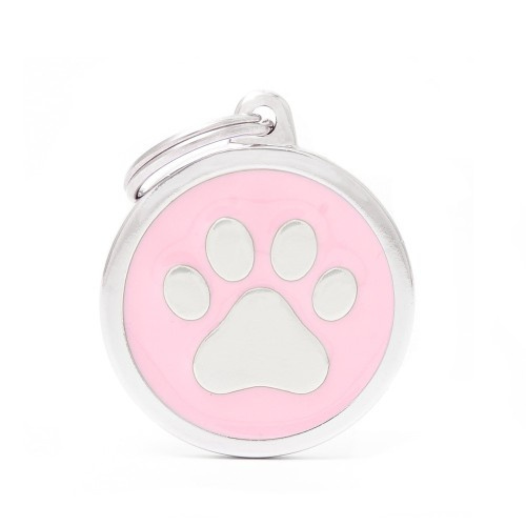 My Family Engravable Tags - Classic - Circle with Paw Pink Large
