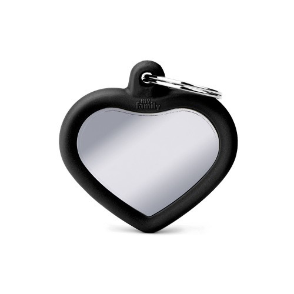 My Family Engravable Tags - Hushtag - Chrome-Plated Brass Heart with Black Rubber