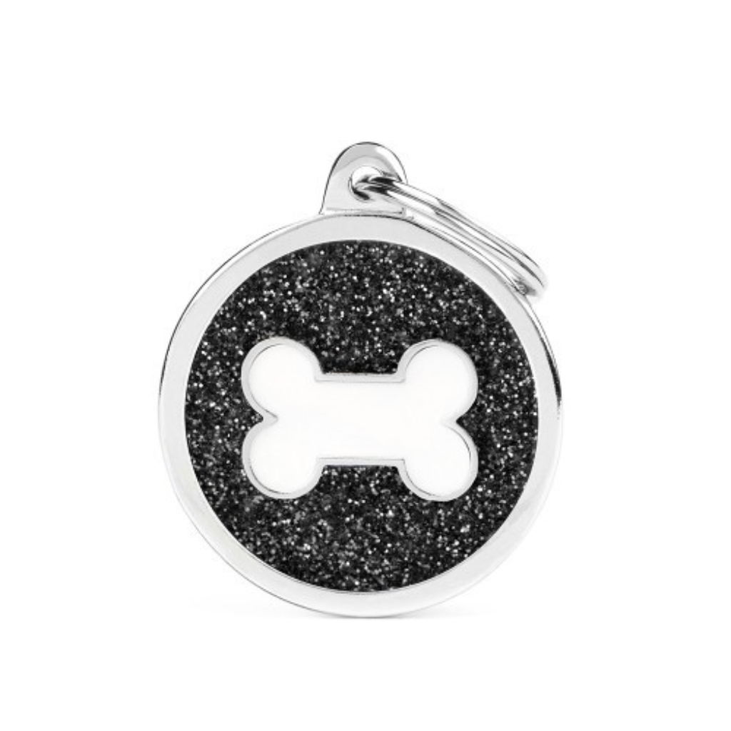 My Family Engravable Tags - Shine - Black Glitter Circle White Bone Large