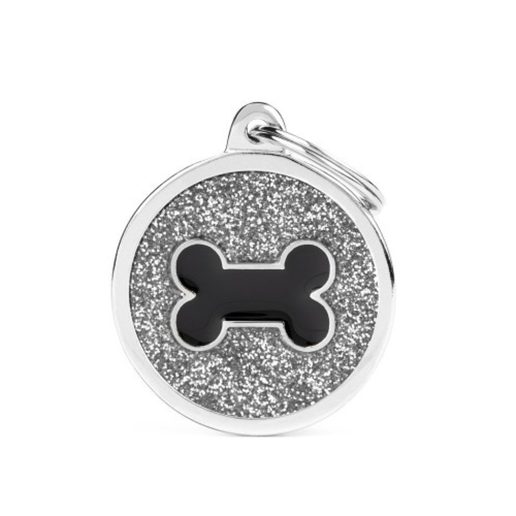 My Family Engravable Tags - Shine - Grey Glitter Circle Black Bone Large