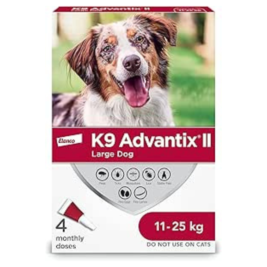Bayer K9 Advantix II Flea and Tick Treatment for Large Dogs weighing 11 kg to 25 kg (24 lbs. to 55 lbs.)-4 doses