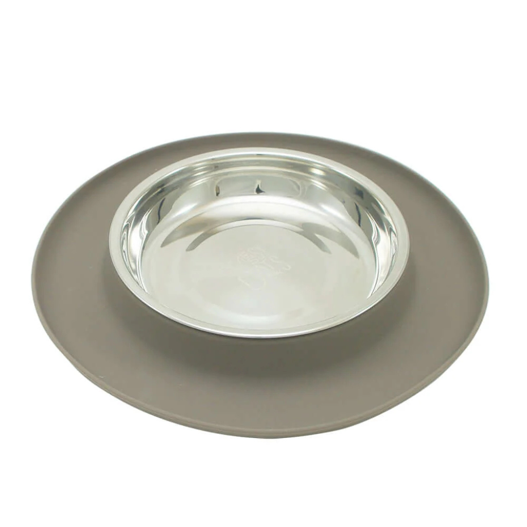 Messy Cats Single Silicone Cat Feeder with Stainless Steel Bowl - Warm Grey