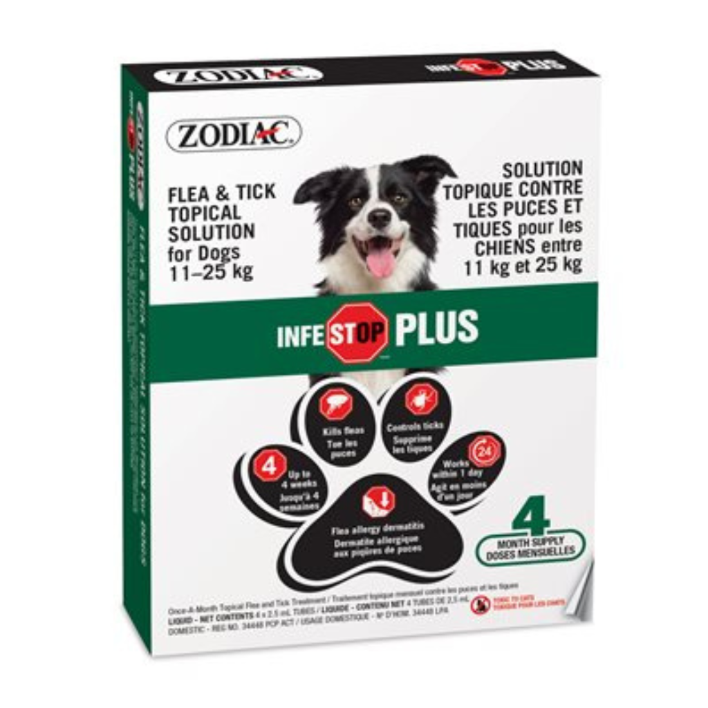 Zodiac Infestop PLUS Flea & Tick Control for Dogs 11KG - 25KG - 4 Tubes