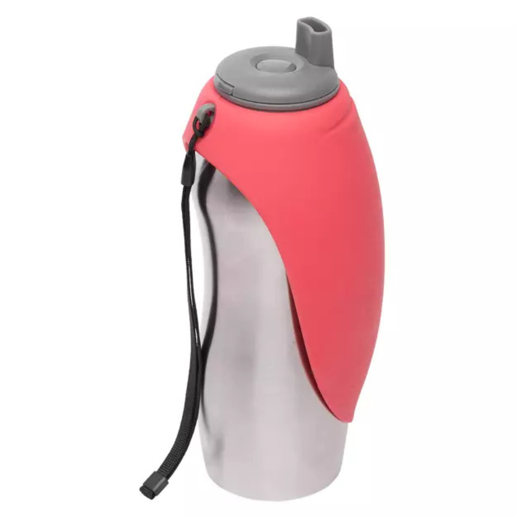 Messy Mutts Stainless Travel Water Bottle with Flip Up Bowl - Watermelon