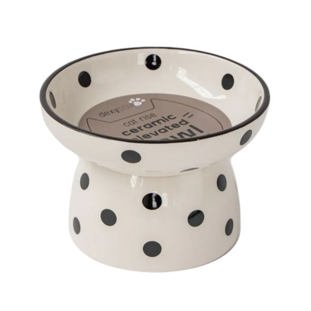 Dexypaws Raised Ceramic Cat Bowl, White and Black Dots