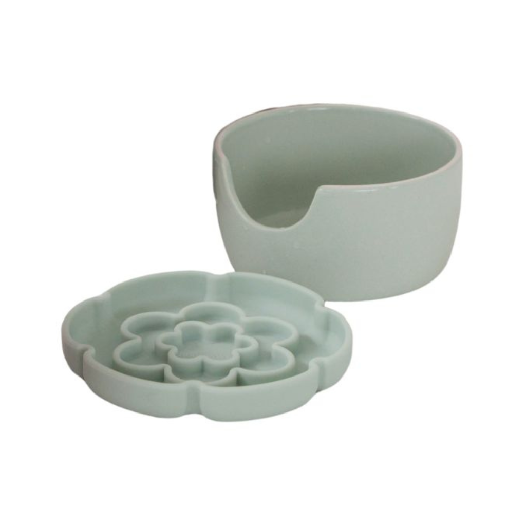 Dexypaws Raised Ceramic Cat Bowl with Slow Feeder, Flower - Sage Green
