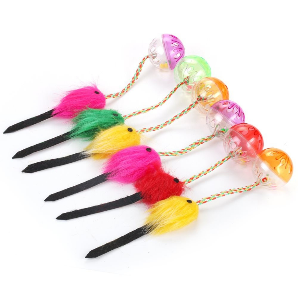 Wonder Pet Coloured Rattle Balls with Fluffy Mouse & Tail Assorted Cat Toy