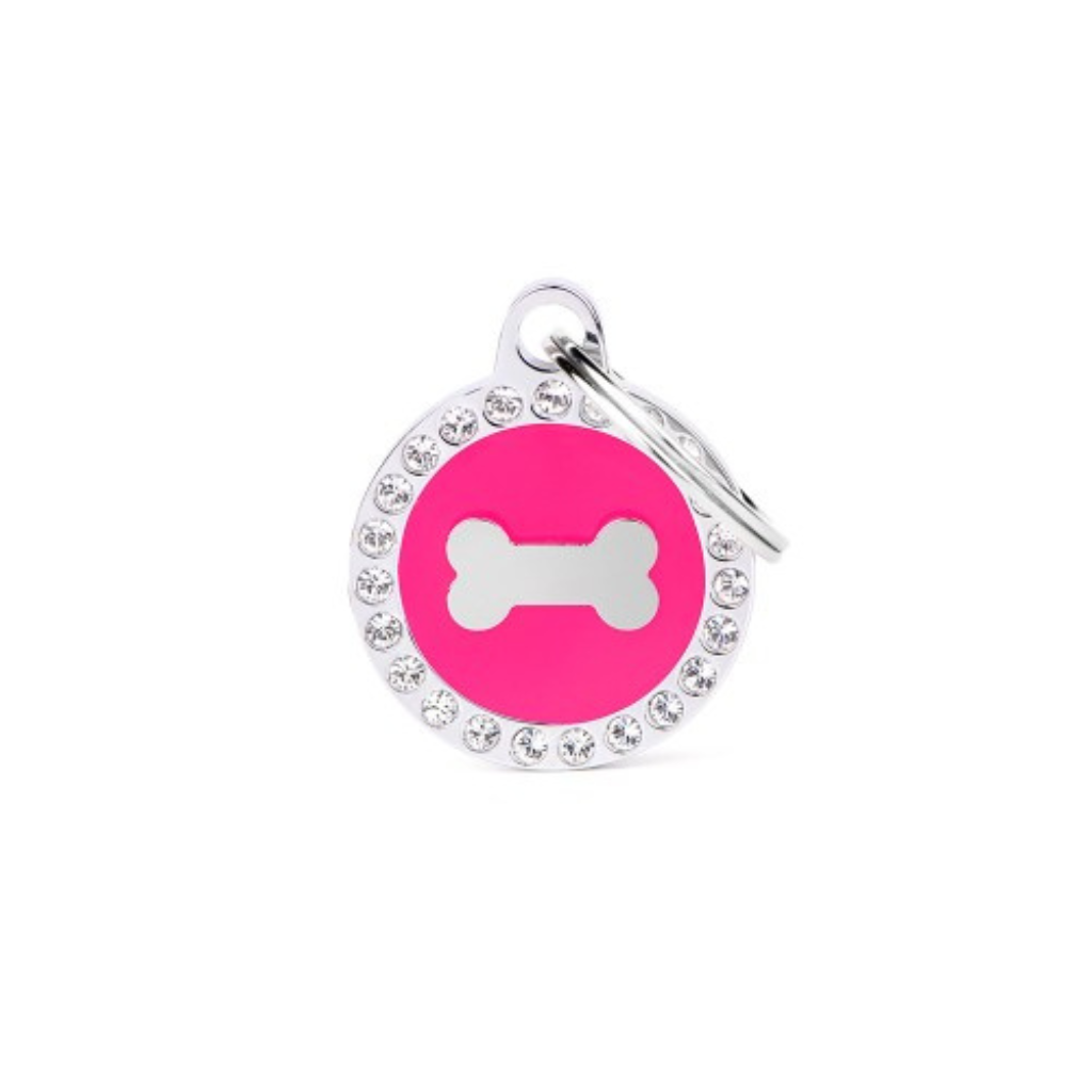 My Family Engravable Tags - Glam Fuchsia Circle Bone with Rhinestones