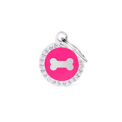 My Family Engravable Tags - Glam Fuchsia Circle Bone with Rhinestones