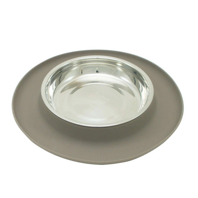 Messy Cats Single Silicone Cat Feeder with Stainless Steel Bowl - Warm Grey