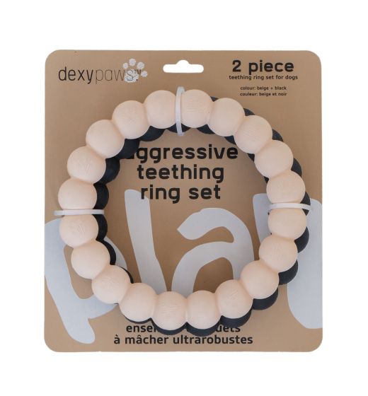 Dexypaws 2 Piece Aggressive Teething Ring Set, Beige and Black