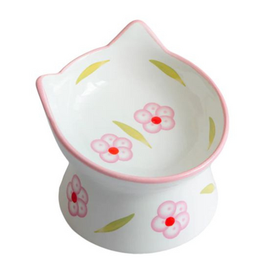 Dexypaws Raised Ceramic Cat Bowl, White and Pink Flowers