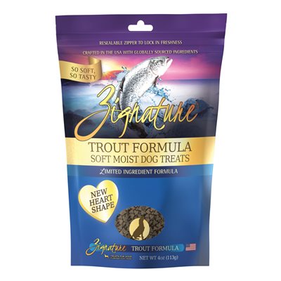 Zignature Trout Soft Moist Heart Shaped Treats for Dogs