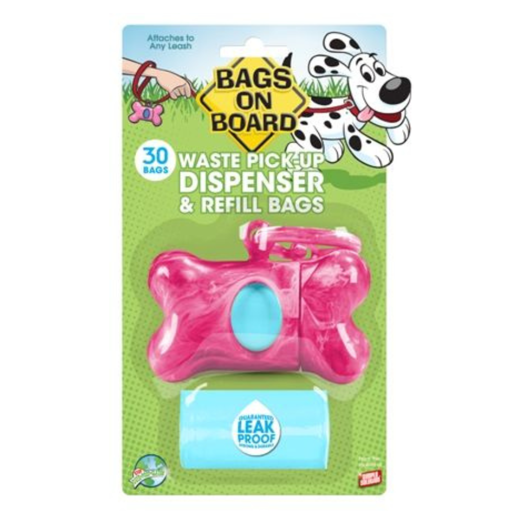 Bags On Board Pink Marble Bone Dispenser with 30 Bags