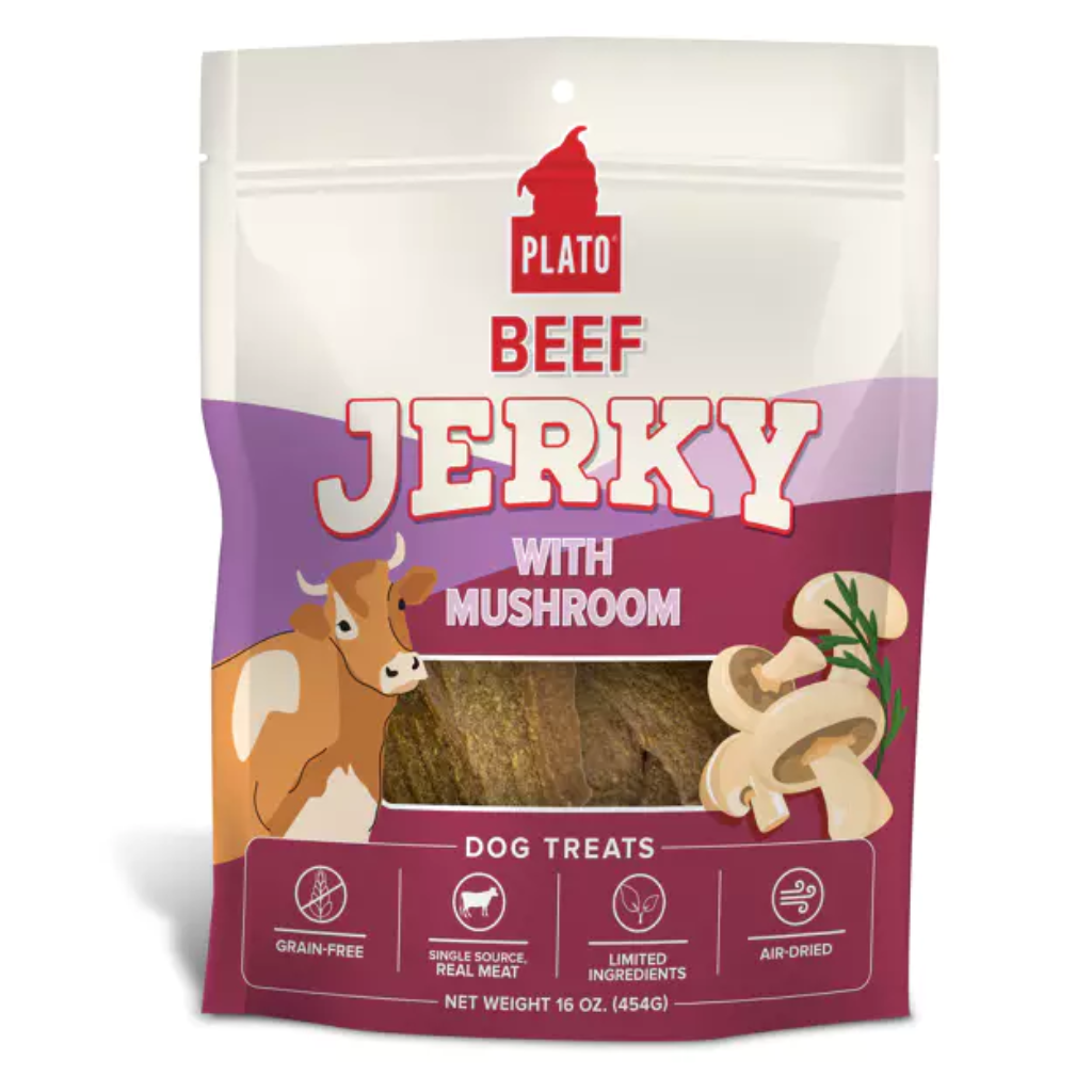 Plato Pet Treats Beef Jerky with Mushroom Dog Treats